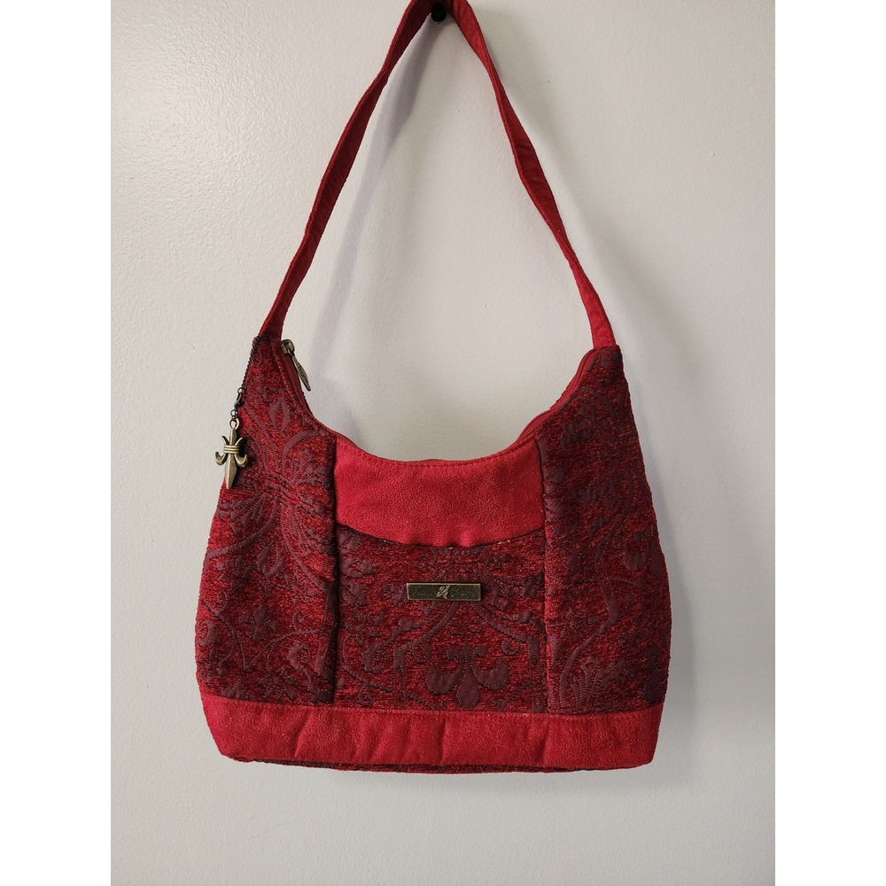 Isabella's Journey Red Chenille Tapestry Fleur De Lis Hobo Shoulder Bag Boho